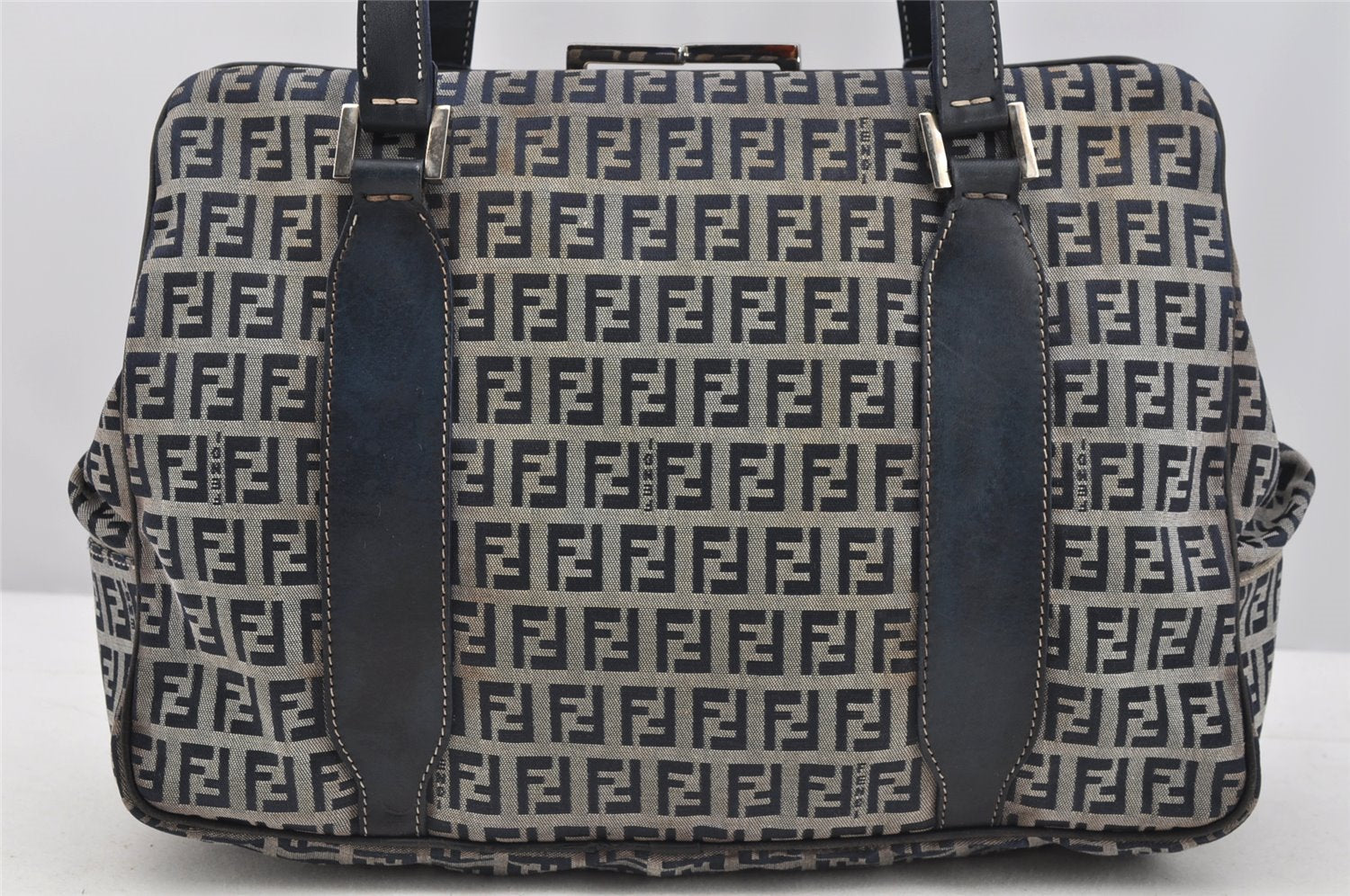 Authentic FENDI Zucchino Shoulder Hand Bag Canvas Leather Navy Blue 4230I