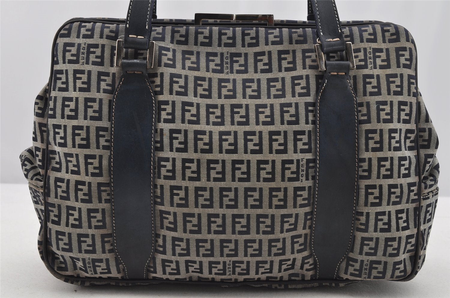 Authentic FENDI Zucchino Shoulder Hand Bag Canvas Leather Navy Blue 4230I