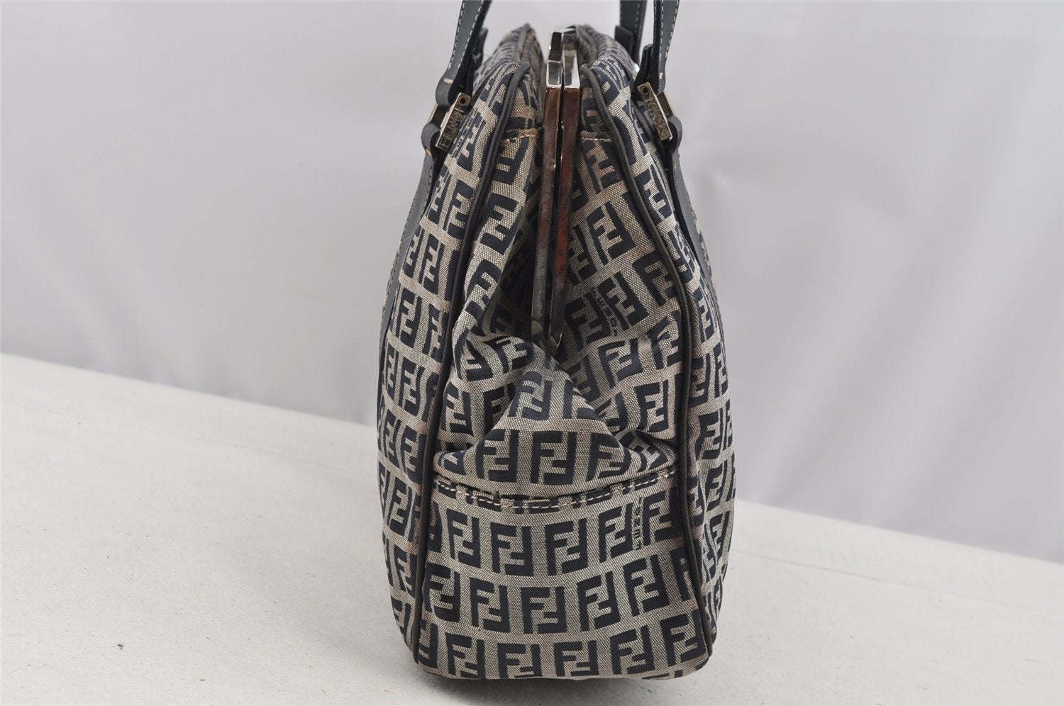 Authentic FENDI Zucchino Shoulder Hand Bag Canvas Leather Navy Blue 4230I