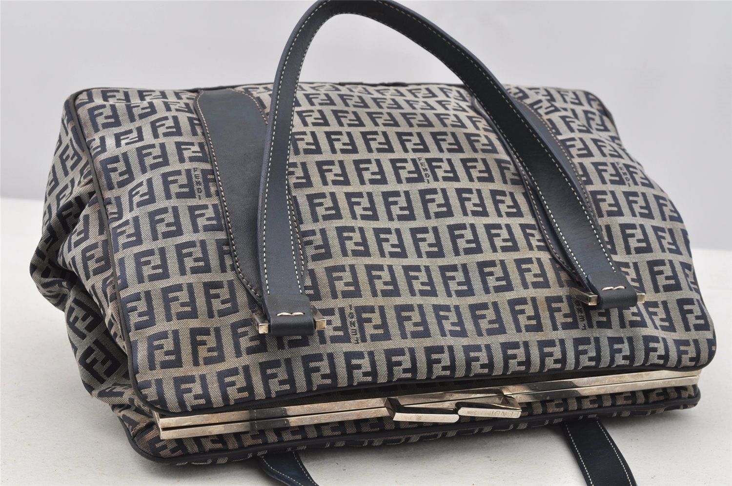 Authentic FENDI Zucchino Shoulder Hand Bag Canvas Leather Navy Blue 4230I