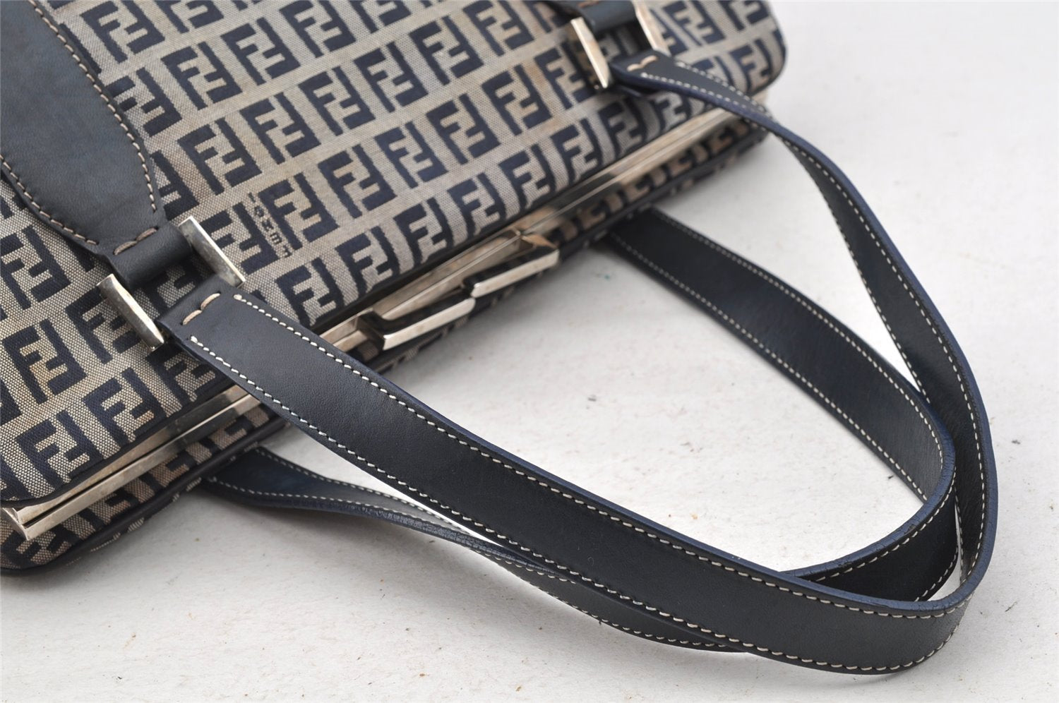 Authentic FENDI Zucchino Shoulder Hand Bag Canvas Leather Navy Blue 4230I