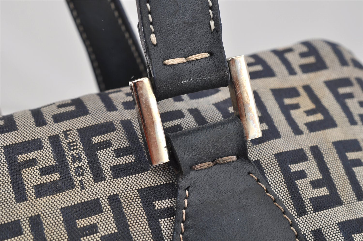 Authentic FENDI Zucchino Shoulder Hand Bag Canvas Leather Navy Blue 4230I