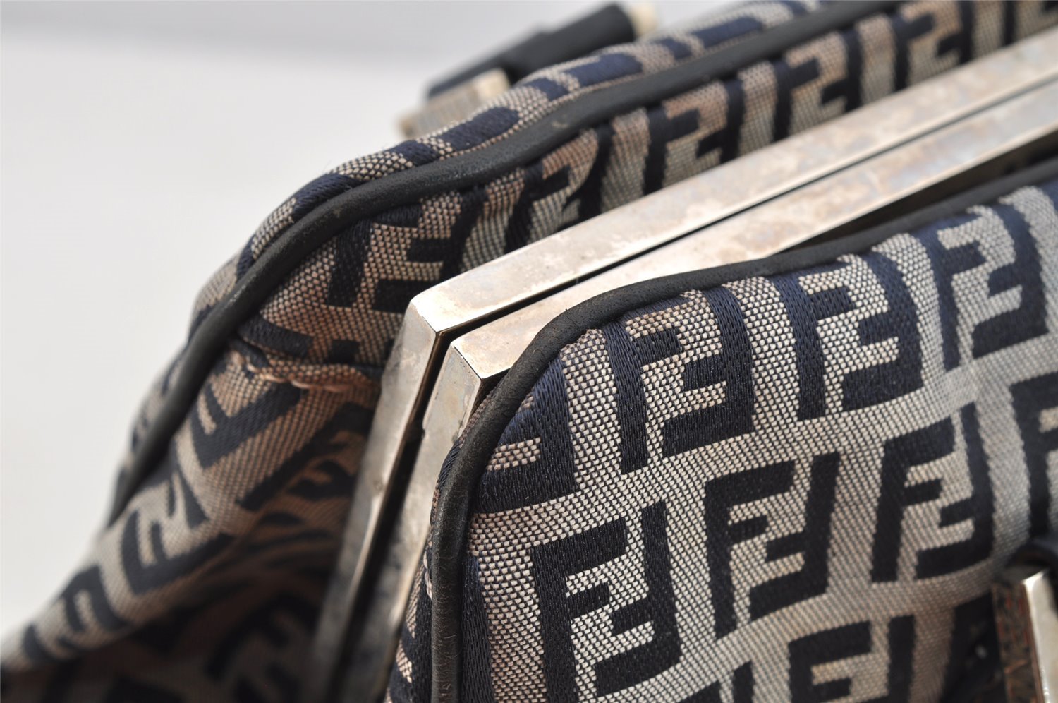 Authentic FENDI Zucchino Shoulder Hand Bag Canvas Leather Navy Blue 4230I