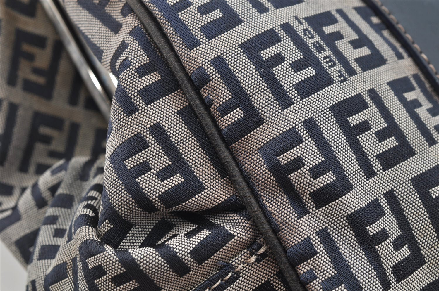 Authentic FENDI Zucchino Shoulder Hand Bag Canvas Leather Navy Blue 4230I