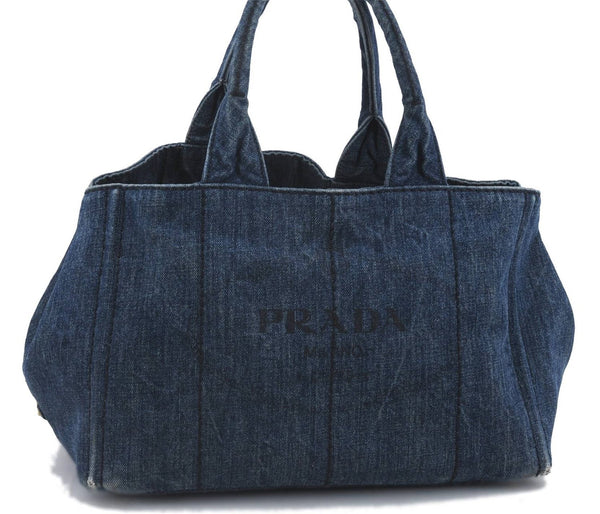 Authentic PRADA Canapa Tote Hand Bag Denim Canvas Blue 4234D