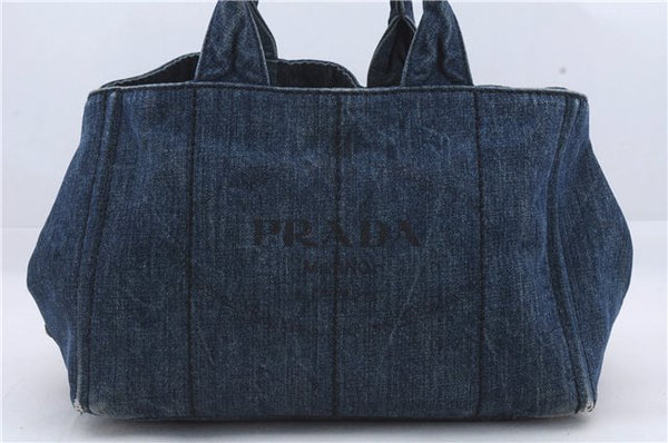 Authentic PRADA Canapa Tote Hand Bag Denim Canvas Blue 4234D