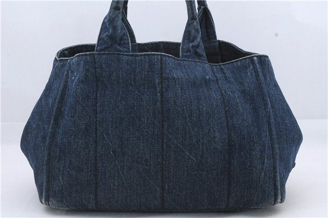 Authentic PRADA Canapa Tote Hand Bag Denim Canvas Blue 4234D