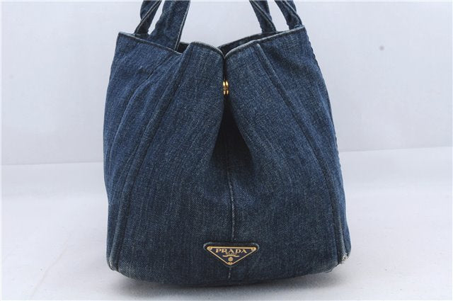 Authentic PRADA Canapa Tote Hand Bag Denim Canvas Blue 4234D