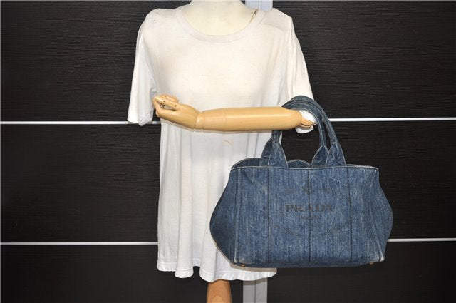 Authentic PRADA Canapa Tote Hand Bag Denim Canvas Blue 4234D