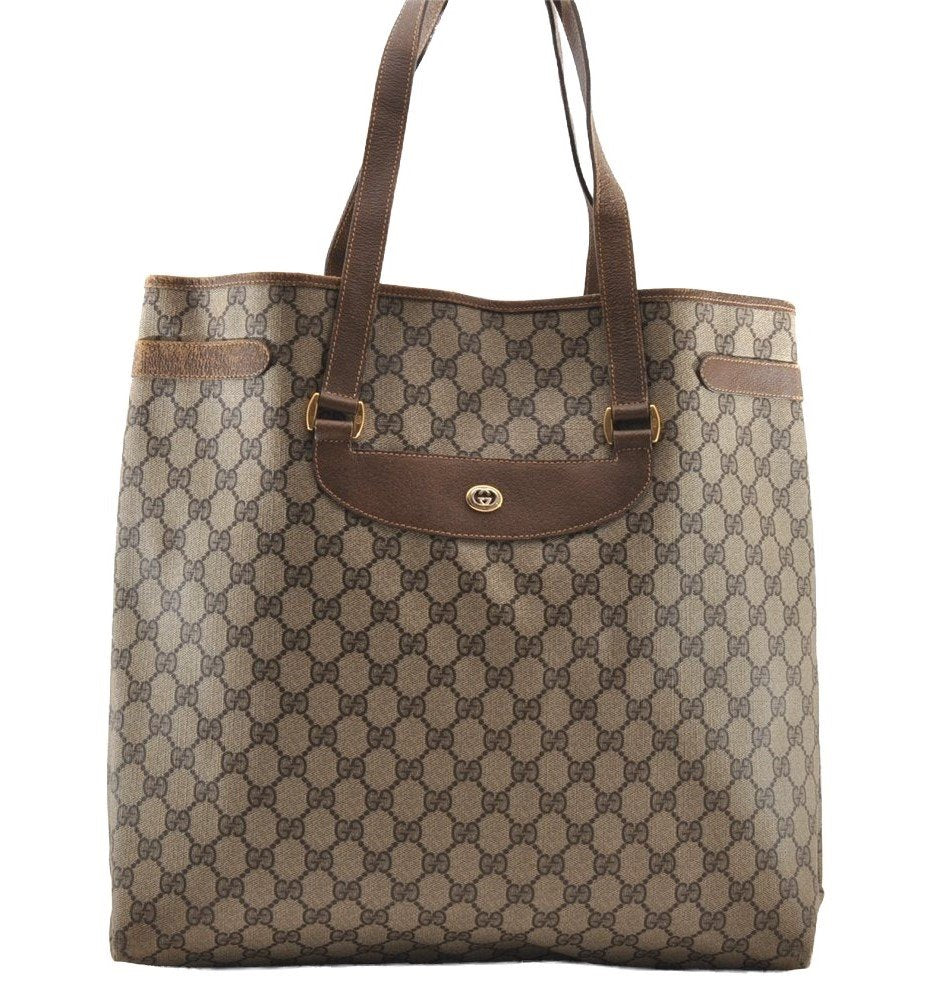 Authentic GUCCI Vintage Shoulder Hand Tote Bag GG PVC Leather Brown 4234I