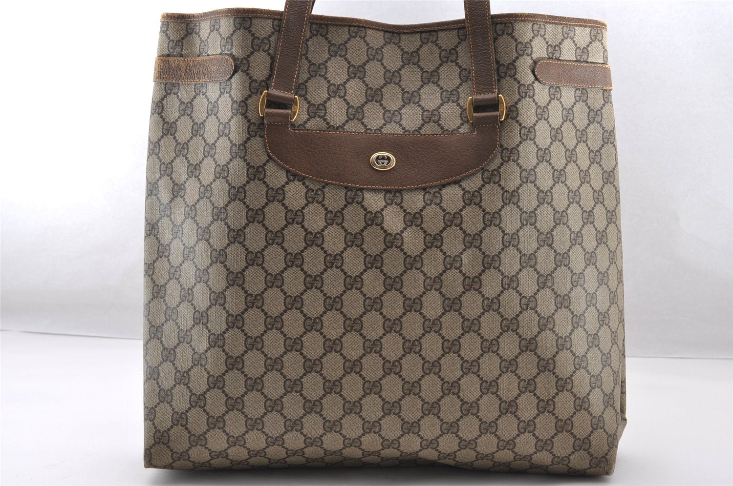 Authentic GUCCI Vintage Shoulder Hand Tote Bag GG PVC Leather Brown 4234I
