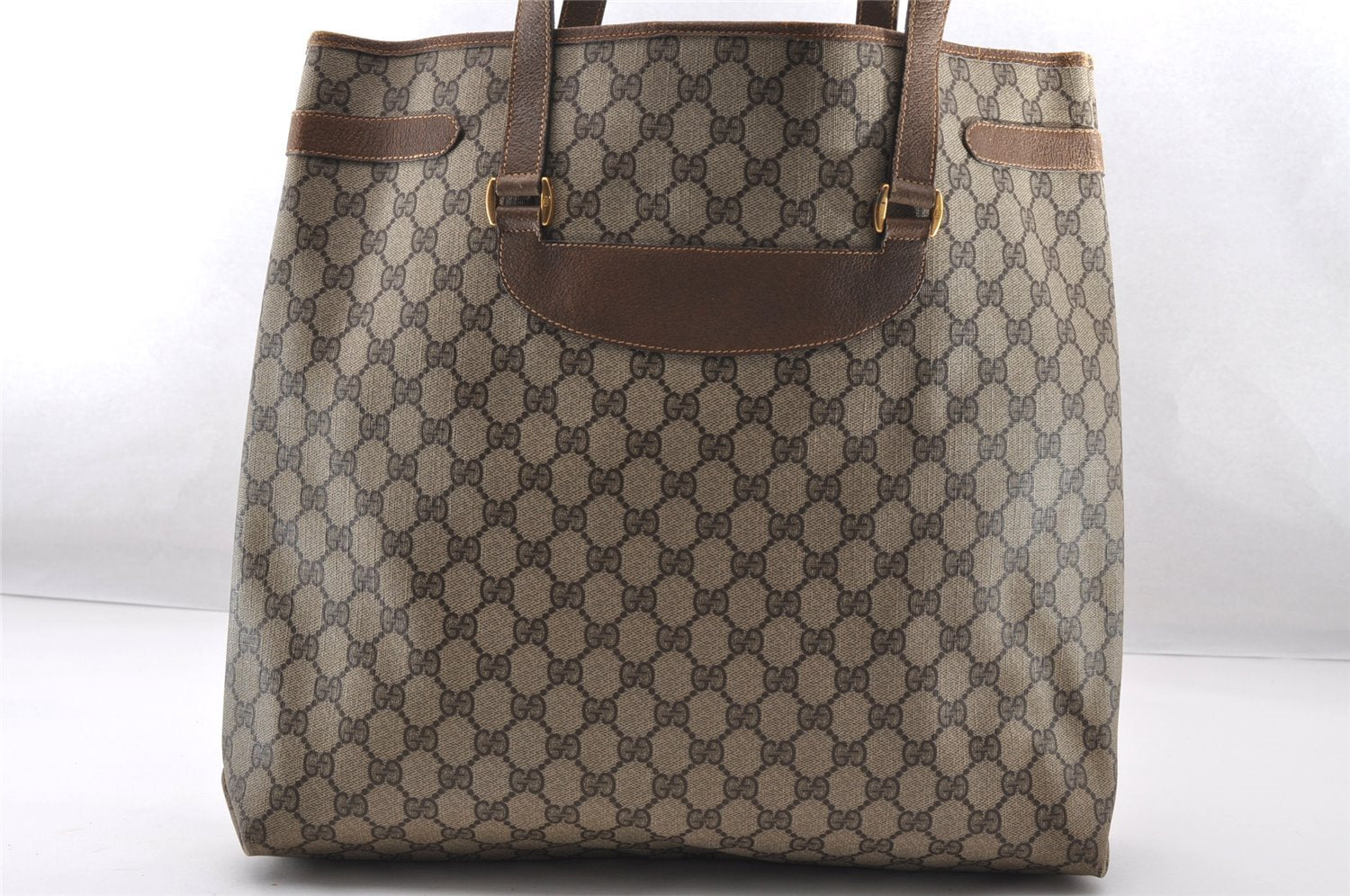 Authentic GUCCI Vintage Shoulder Hand Tote Bag GG PVC Leather Brown 4234I