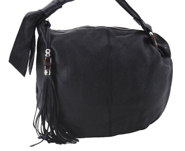 Authentic GUCCI Bamboo Tassel Shoulder Tote Bag Leather 232930 Black 4236E