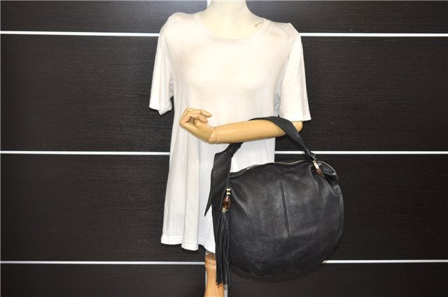 Authentic GUCCI Bamboo Tassel Shoulder Tote Bag Leather 232930 Black 4236E