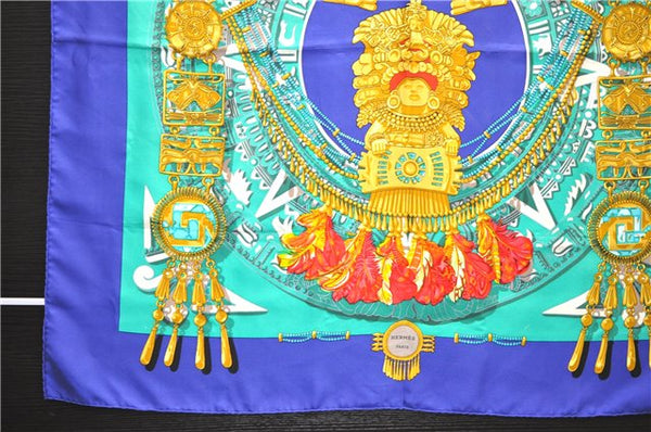 Authentic HERMES Carre 90 Scarf "Mexique" Silk Blue 4240D
