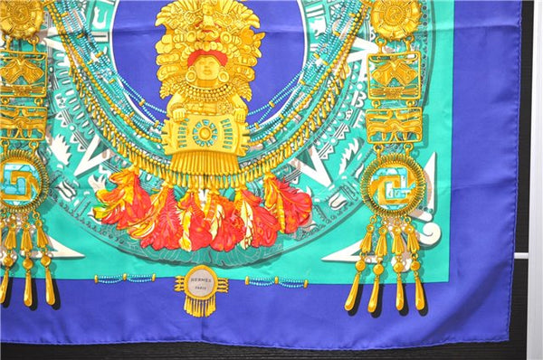 Authentic HERMES Carre 90 Scarf "Mexique" Silk Blue 4240D