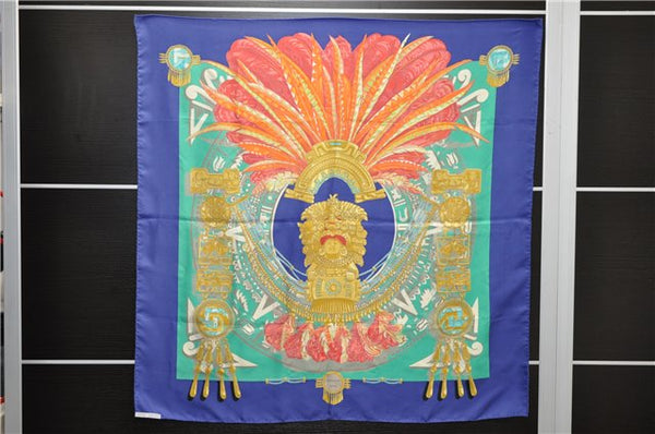 Authentic HERMES Carre 90 Scarf "Mexique" Silk Blue 4240D
