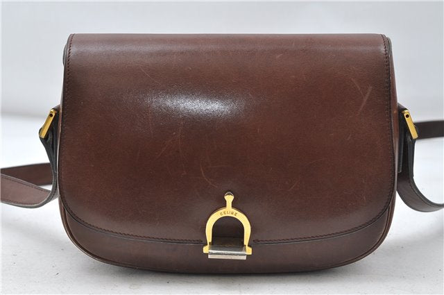 Authentic CELINE Shoulder Cross Body Bag Leather Brown 4241D