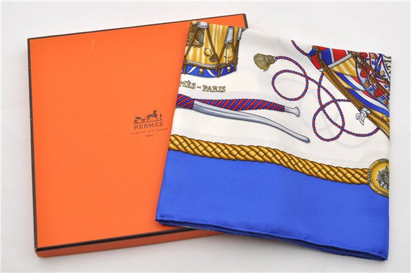 Authentic HERMES Carre 90 Scarf "LES TAMBOURS" Silk Blue Box 4245E