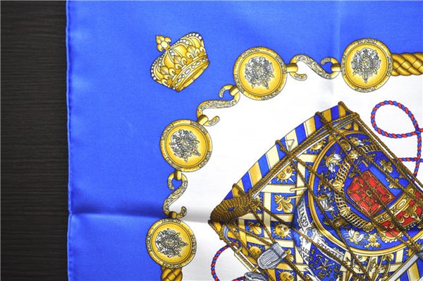 Authentic HERMES Carre 90 Scarf "LES TAMBOURS" Silk Blue Box 4245E