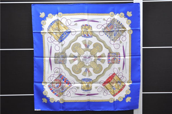 Authentic HERMES Carre 90 Scarf "LES TAMBOURS" Silk Blue Box 4245E