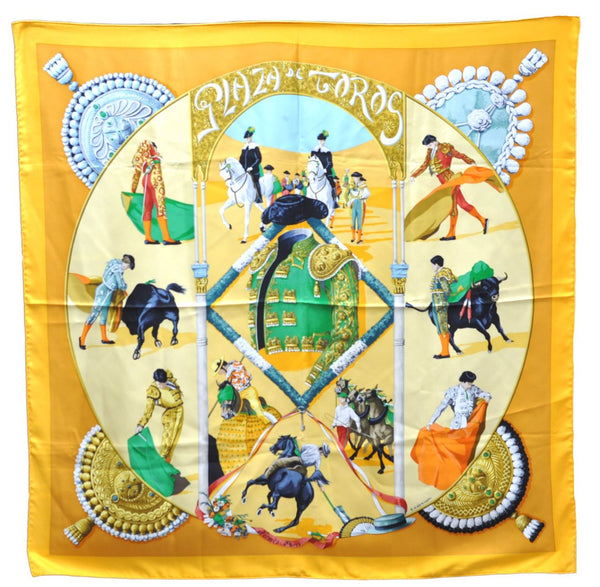 Authentic HERMES Carre 90 Scarf "PLAZA DE TOROS" Silk Yellow Orange 4248E