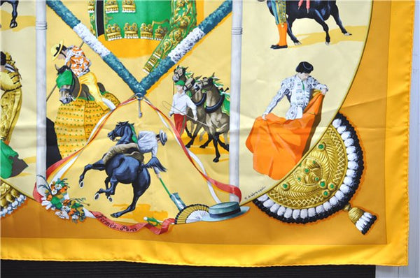 Authentic HERMES Carre 90 Scarf "PLAZA DE TOROS" Silk Yellow Orange 4248E