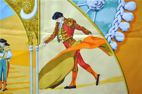 Authentic HERMES Carre 90 Scarf "PLAZA DE TOROS" Silk Yellow Orange 4248E