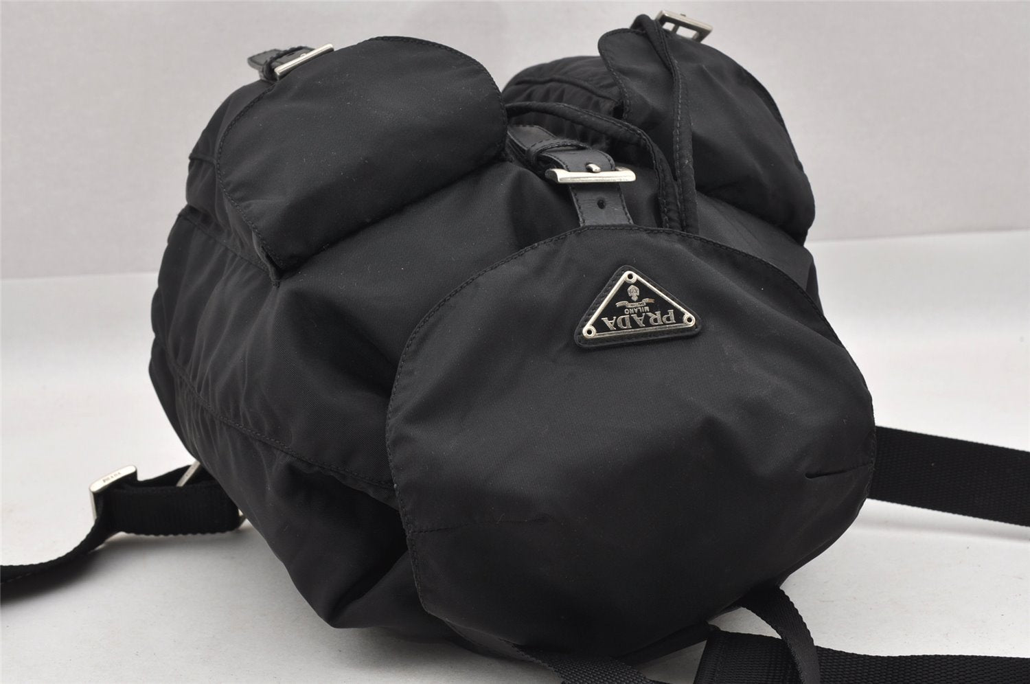 Authentic PRADA Vela Vintage Nylon Tessuto Leather Backpack B6677F Black 4248I