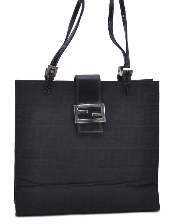 Authentic FENDI Zucca Mamma Baguette Shoulder Tote Bag Nylon Leather Black 4249C