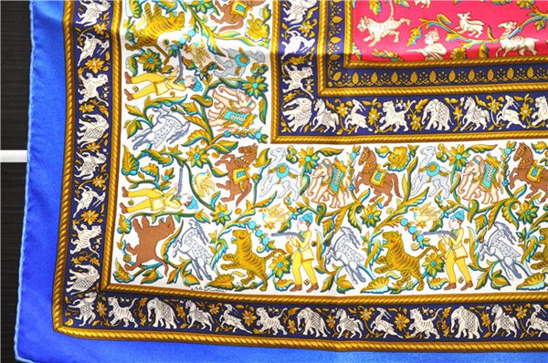 Authentic HERMES Carre 90 Scarf "CHASSE EN INDE" Silk Blue 4251E