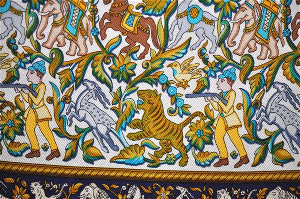 Authentic HERMES Carre 90 Scarf "CHASSE EN INDE" Silk Blue 4251E