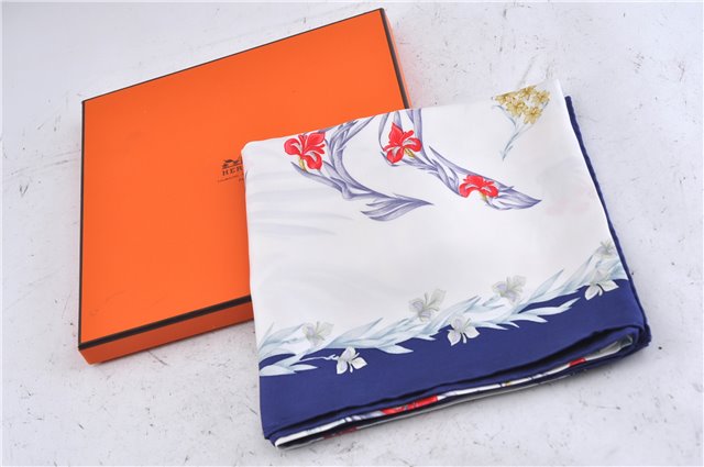 Authentic HERMES Carre 90 Scarf Flower Horse Motif Silk Navy Box 4252C