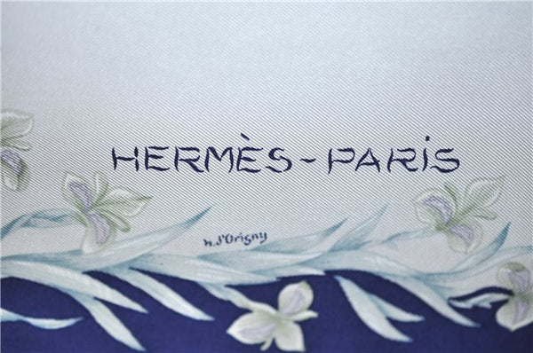 Authentic HERMES Carre 90 Scarf Flower Horse Motif Silk Navy Box 4252C