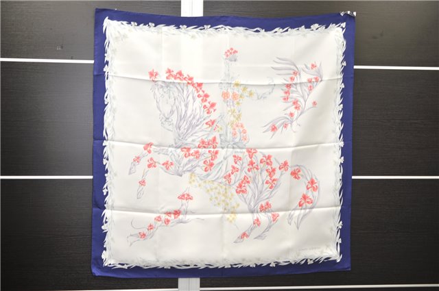 Authentic HERMES Carre 90 Scarf Flower Horse Motif Silk Navy Box 4252C