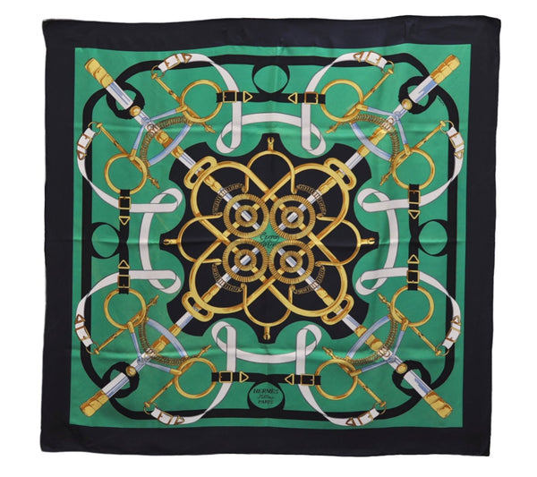 Authentic HERMES Carre 90 Scarf "Eperon d'or" Silk Navy Green 4252E