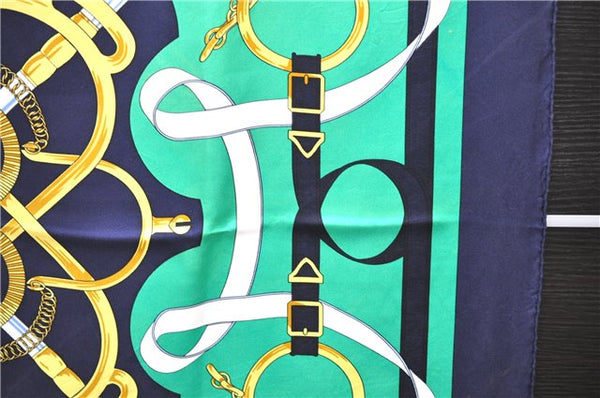 Authentic HERMES Carre 90 Scarf "Eperon d'or" Silk Navy Green 4252E