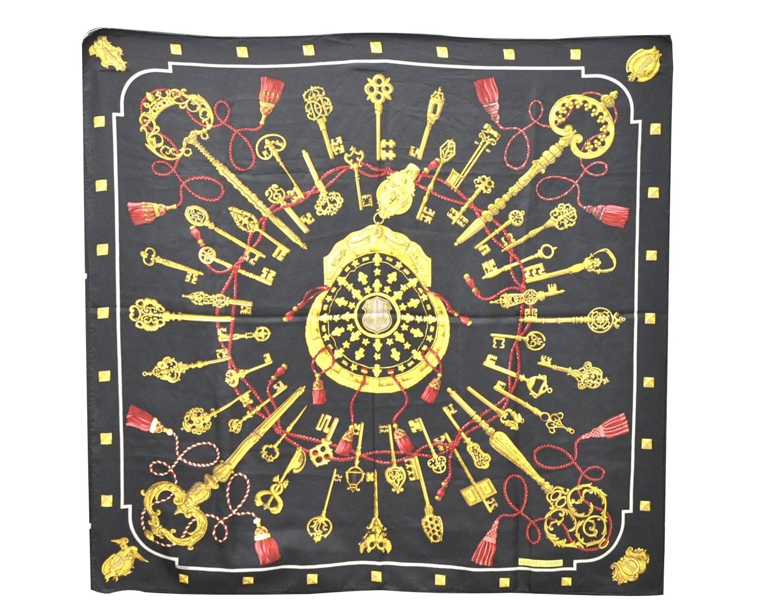 Authentic HERMES Carre 90 Scarf Key Tassel Motif Silk Black 4268D