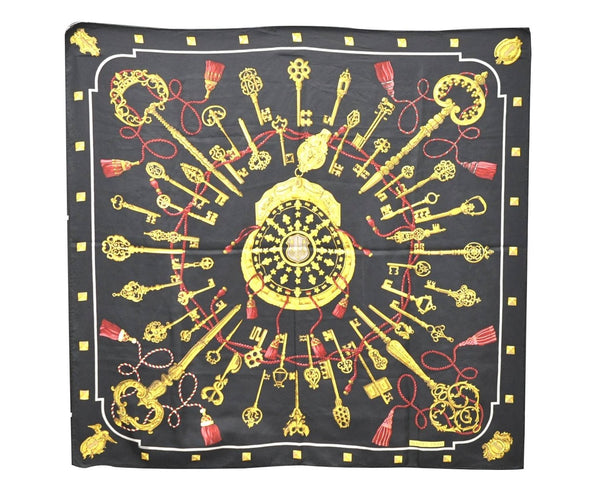 Authentic HERMES Carre 90 Scarf Key Tassel Motif Silk Black 4268D