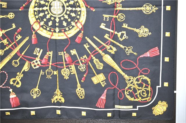 Authentic HERMES Carre 90 Scarf Key Tassel Motif Silk Black 4268D