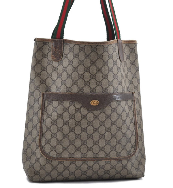 Authentic GUCCI Web Sherry Line Shoulder Tote Bag GG PVC Leather Brown 4271D