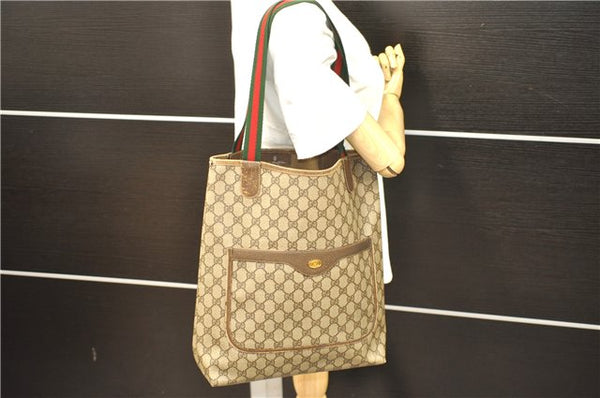 Authentic GUCCI Web Sherry Line Shoulder Tote Bag GG PVC Leather Brown 4271D