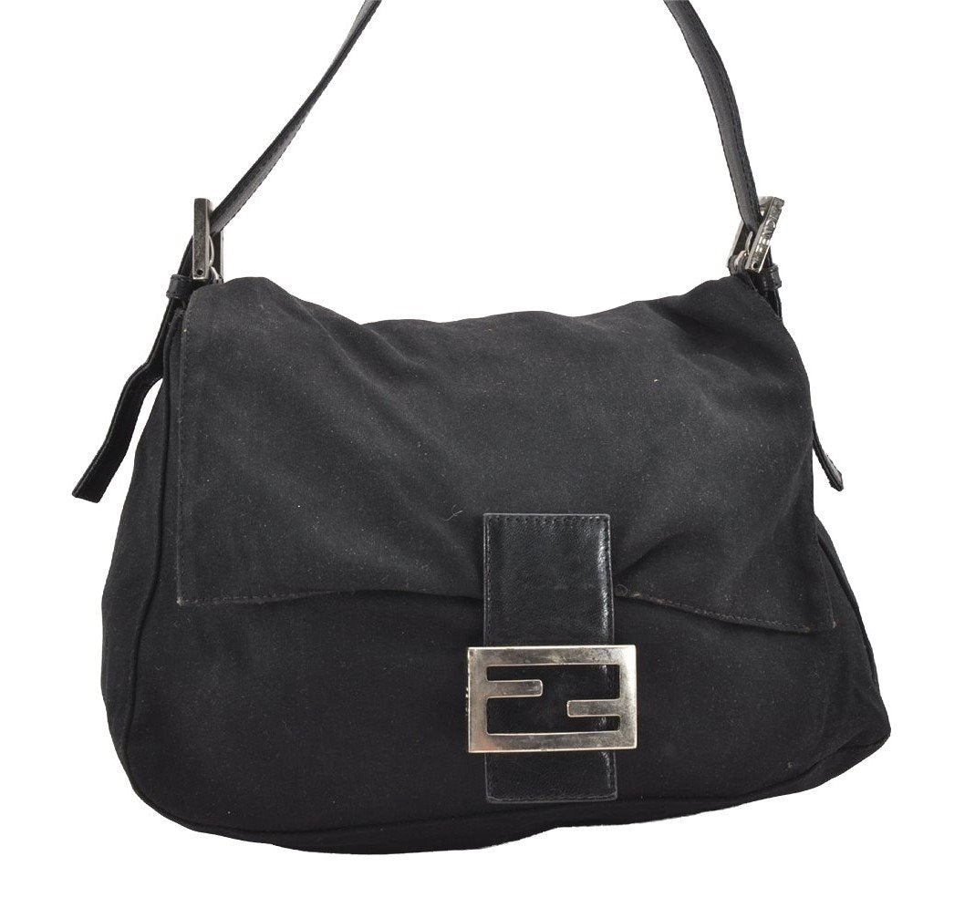Authentic FENDI Mamma Baguette Shoulder Hand Bag Jersey Leather Black Junk 4272I