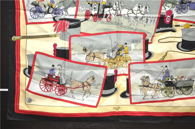 Authentic HERMES Carre 90 Scarf Carriage and Silk Hat Design Silk Black 4301D