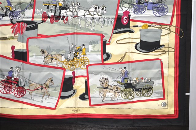 Authentic HERMES Carre 90 Scarf Carriage and Silk Hat Design Silk Black 4301D