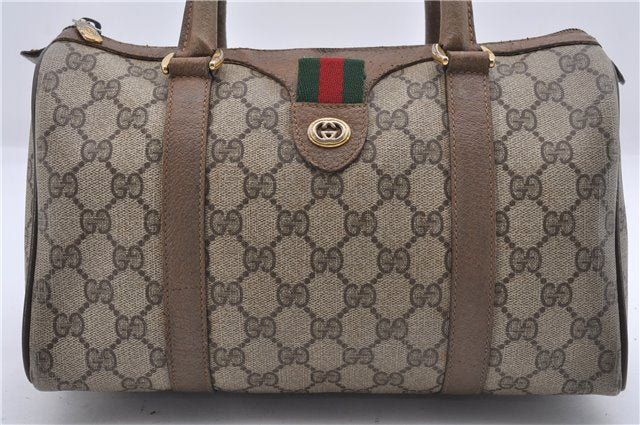 Authentic GUCCI Web Sherry Line Hand Boston Bag Purse GG PVC Leather Brown 4310D