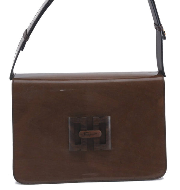 Authentic Ferragamo Wood Enamel Leather Shoulder Cross Body Bag Brown 4317D