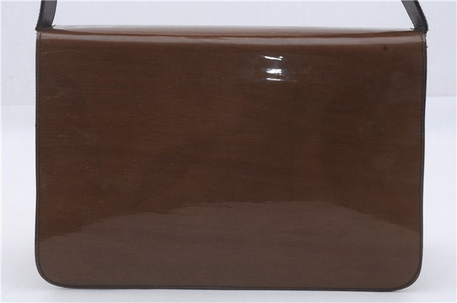 Authentic Ferragamo Wood Enamel Leather Shoulder Cross Body Bag Brown 4317D