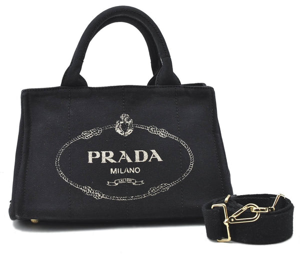 Authentic PRADA Canapa SS 2Way Shoulder Hand Bag Canvas Black 4324D