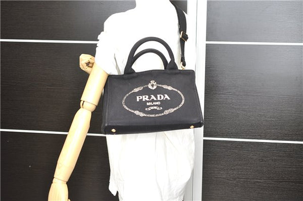 Authentic PRADA Canapa SS 2Way Shoulder Hand Bag Canvas Black 4324D